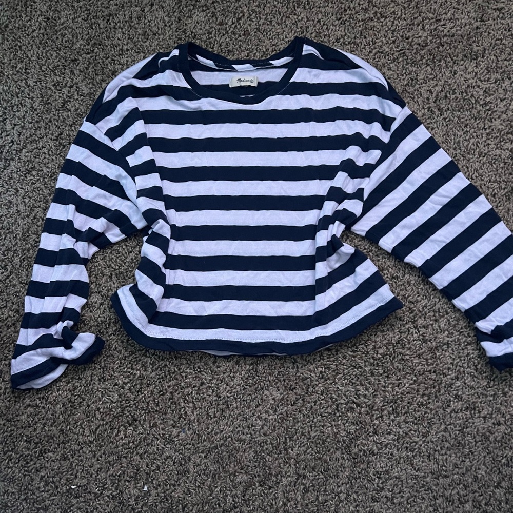 Madewell Navy and White Striped Crew Neck Sweater